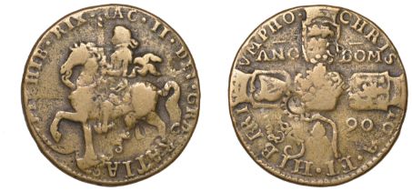 James II (1685-1691), Gunmoney coinage, Crown, 1690, normal horseman, sword into legend, sto...