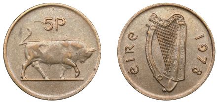 Eire (1937- ), Five Pence, 1978, edge shallow grained, 4.51g/12h (S 6706). An off-metal s...