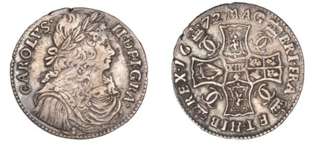 Charles II (1649-1685), First coinage, Merk, 1672, leaved thistle below bust, reads dei : an...