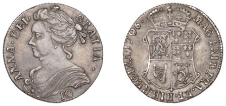 Anne (1702-1714), Ten Shillings, 1706, reads regina, 4.57g/12h (SCBI 35, â€“; B 2a, fig. â€“; S...