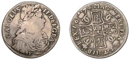 Charles II (1649-1685), First coinage, Merk, 1674, type III, f below bust, 6.31g/12h (D 25;...