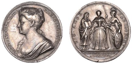 Queen Caroline, Coronation, 1727, a silver medal by J. Croker, bust left, rev. queen standin...