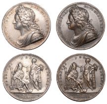 George II, Coronation, 1727, medals (2), by J. Croker, in silver and copper, laureate bust l...