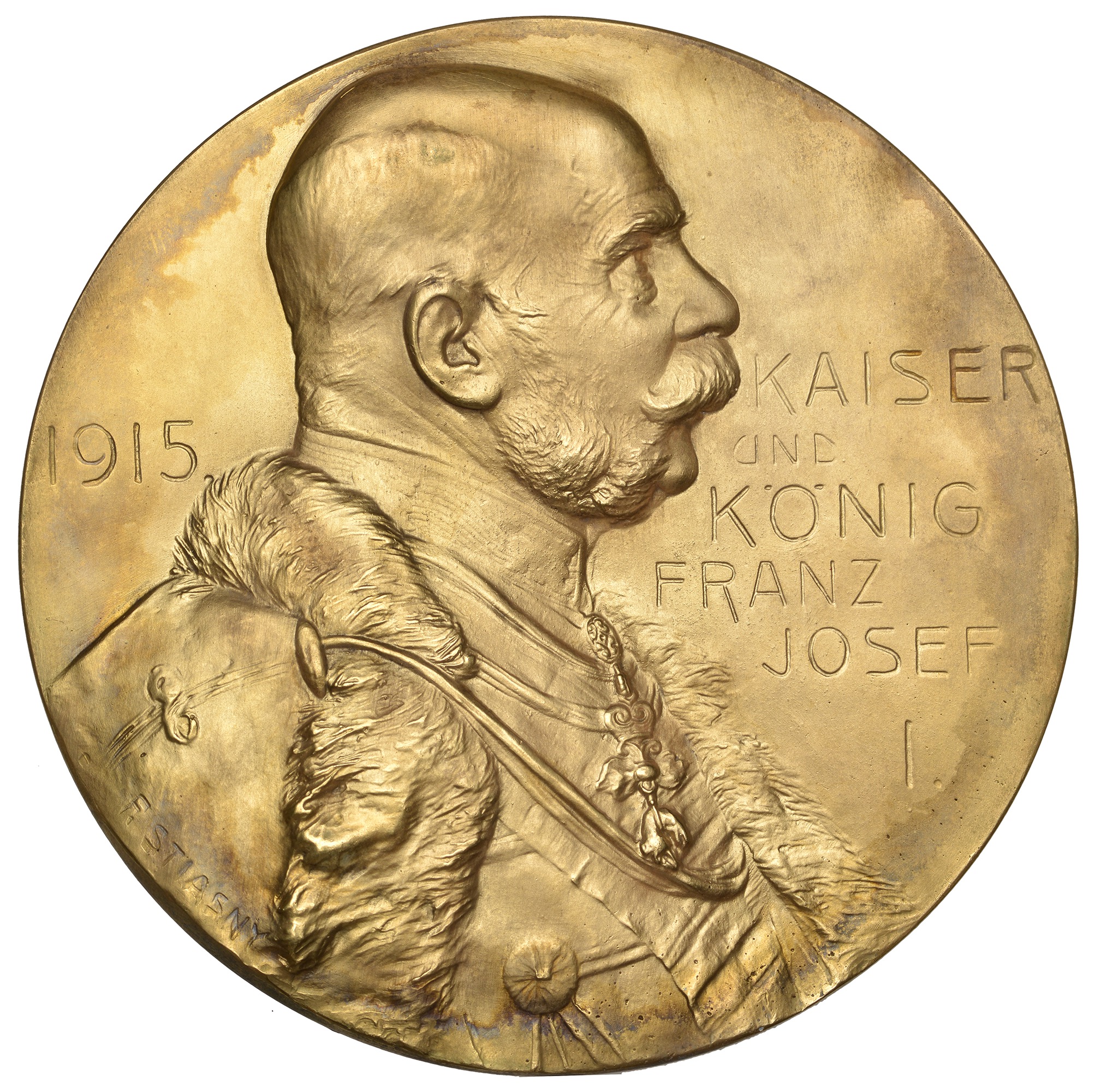 AUSTRIA, Franz Joseph I, a uniface gilt-bronze medal by F. Stiasny, uniformed bust right wea...
