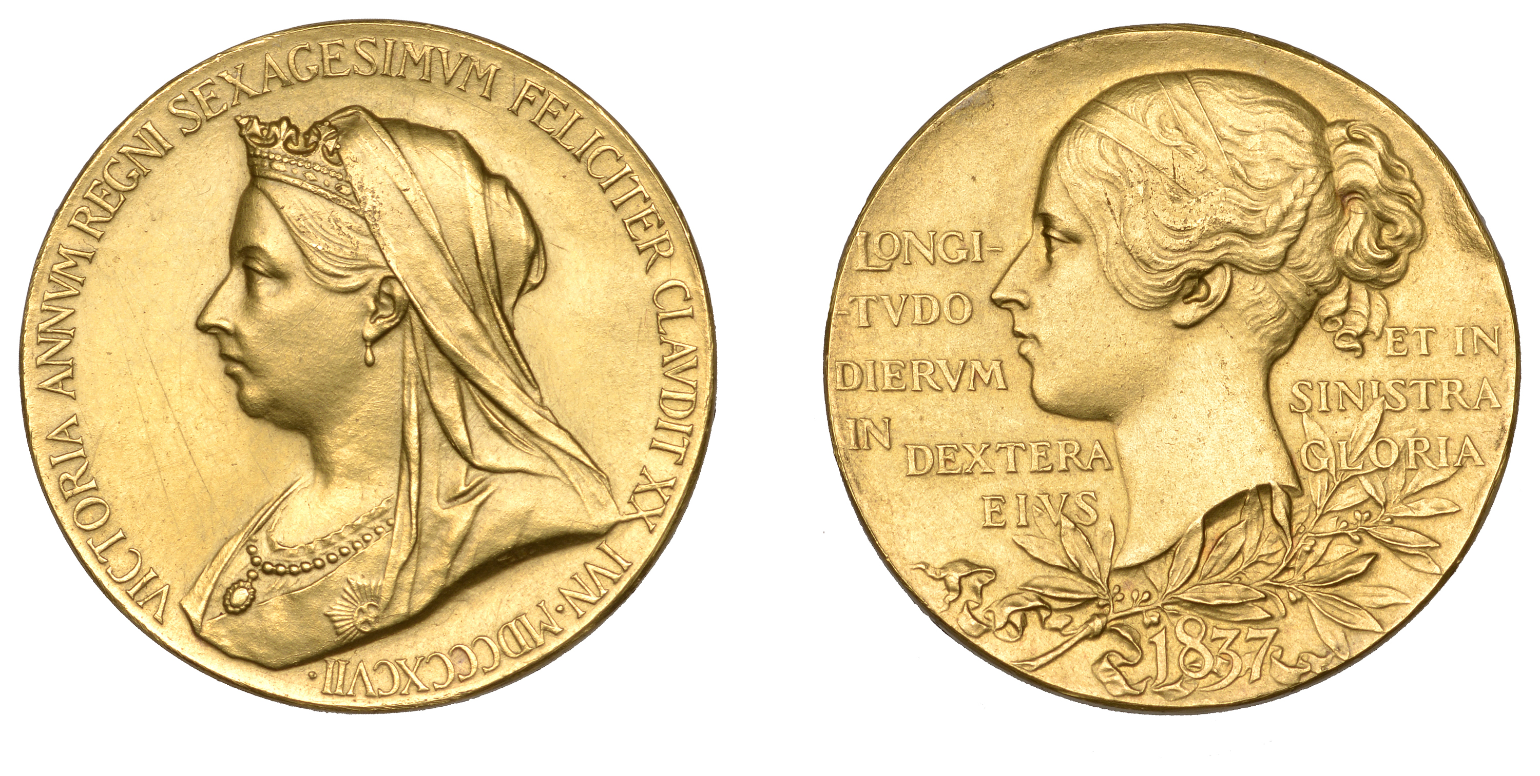 Victoria, Diamond Jubilee, 1897, a small gold medal by G.W. de Saulles, veiled bust left, re...
