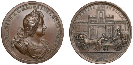 George I, Entry into London, 1714, a copper medal by J. Croker, laureate and armoured bust r...