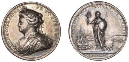 Peace of Utrecht, 1713, a silver medal by J. Croker, laureate and draped bust of Anne left,...