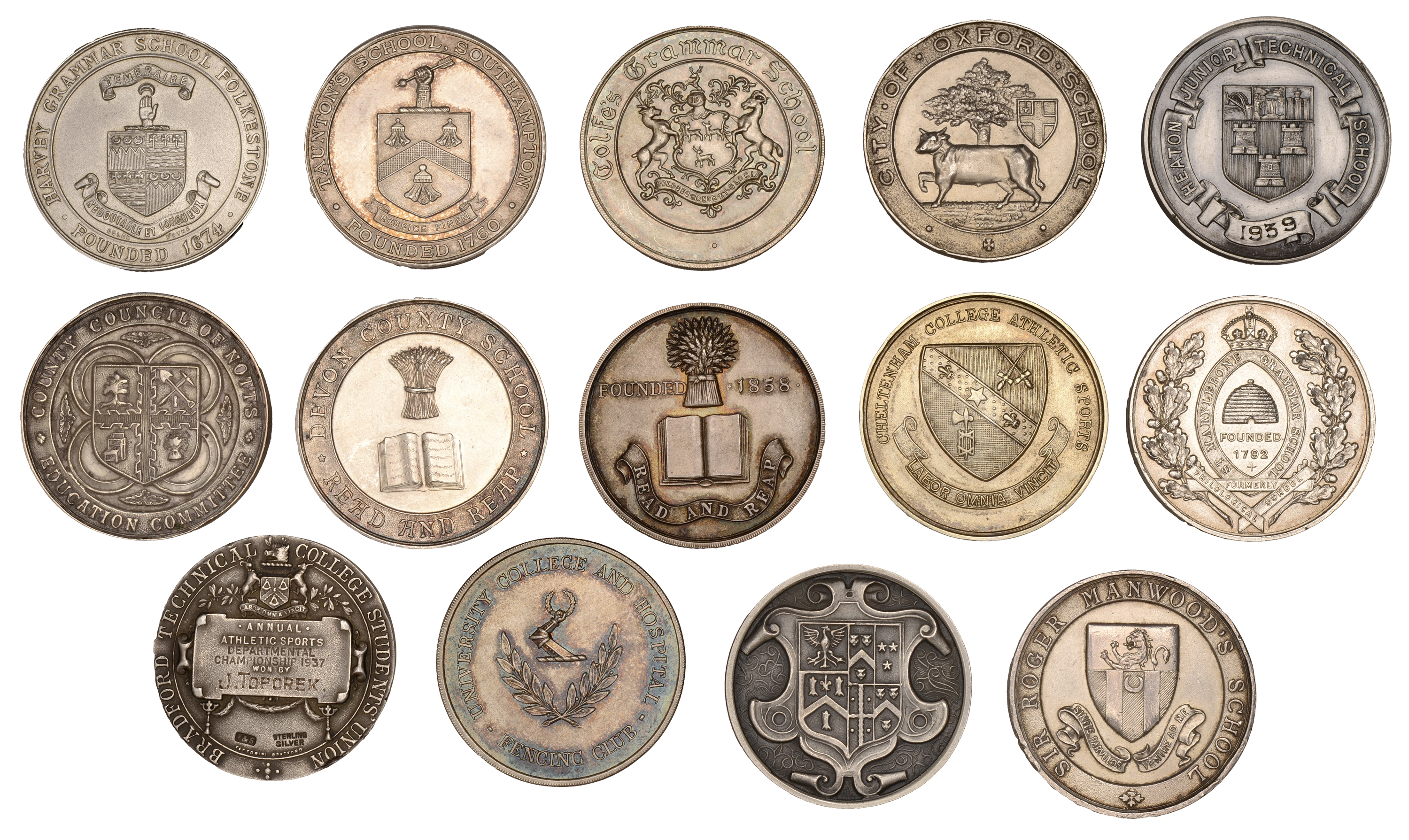 Miscellaneous, Educational award medals in silver (14), all 20th century, from Bradford, Bre...