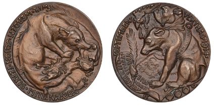 GERMANY, Treaty of September 1914, a cast bronze medal by K. Goetz, bear, bulldog, and cocke...