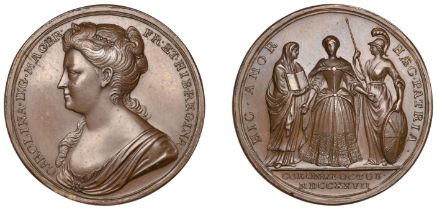 Queen Caroline, Coronation, 1727, a copper medal by J. Croker, bust left, rev. Queen standin...