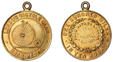 London Bicycle Club, Road Medal, a gold award medal, unsigned, penny-farthing bicycle, rev....