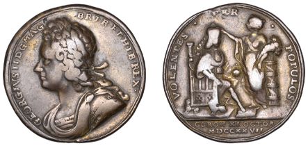 George II, Coronation, 1727, a copper medal by J. Croker, laureate bust left, rev. King, ent...