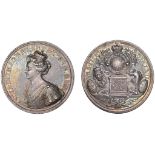Union of England and Scotland, 1707, a silver medal by J. Croker, crowned bust of Queen Anne...