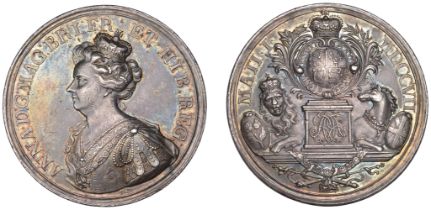 Union of England and Scotland, 1707, a silver medal by J. Croker, crowned bust of Queen Anne...