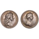 Marriage of Charles II and Catherine of Braganza, 1662, a silver medal by J. Roettier, laure...