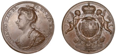 Union of England and Scotland, 1707, a copper medal by J. Croker and S. Bull, bust of Queen...