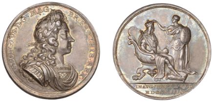 George I, Coronation, 1714, a silver medal by J. Croker, laureate bust right, rev. Britannia...