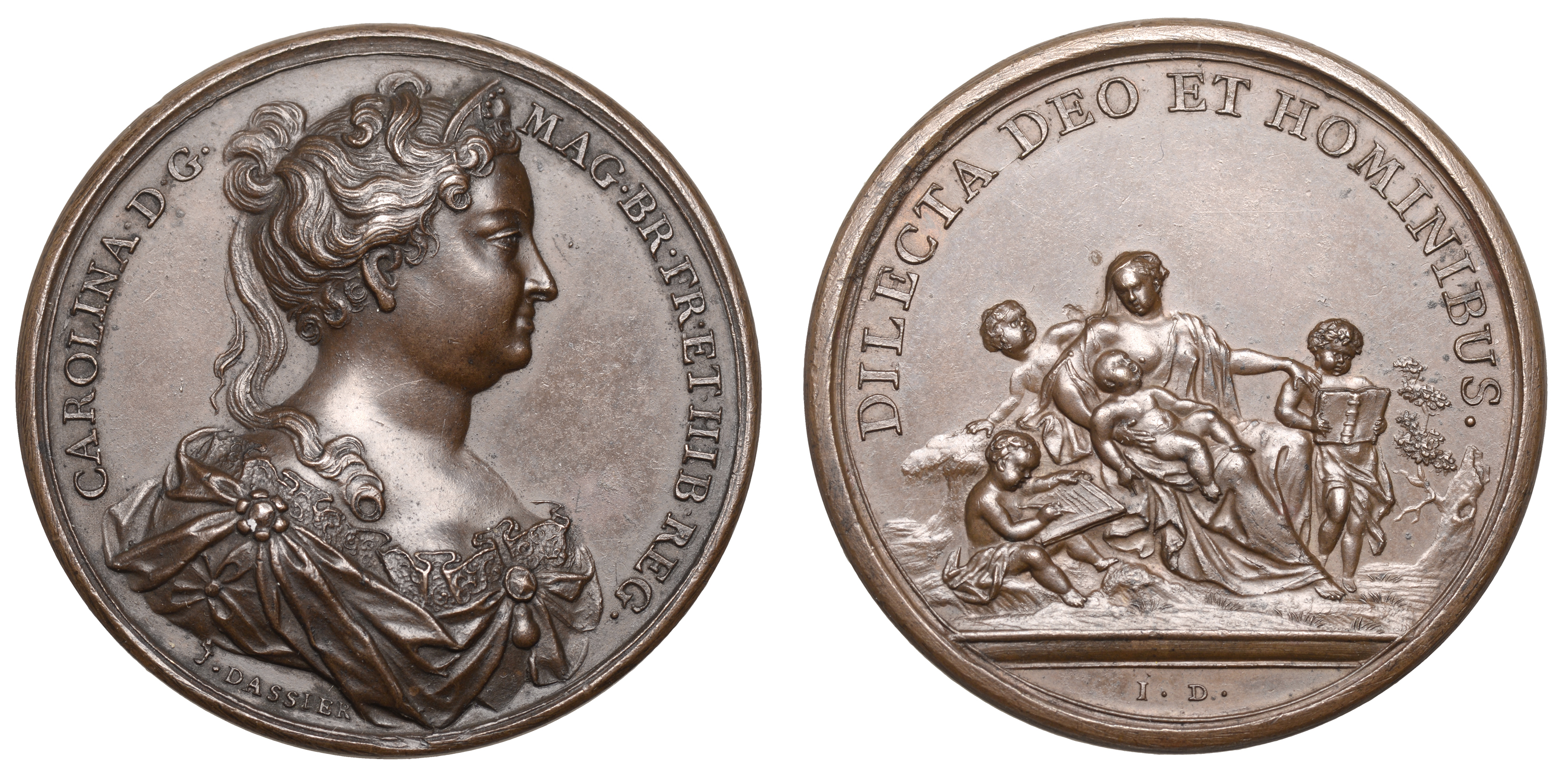 Queen Caroline, [c. 1731], a copper medal by J. Dassier, undated bust right, rev. Charity se...
