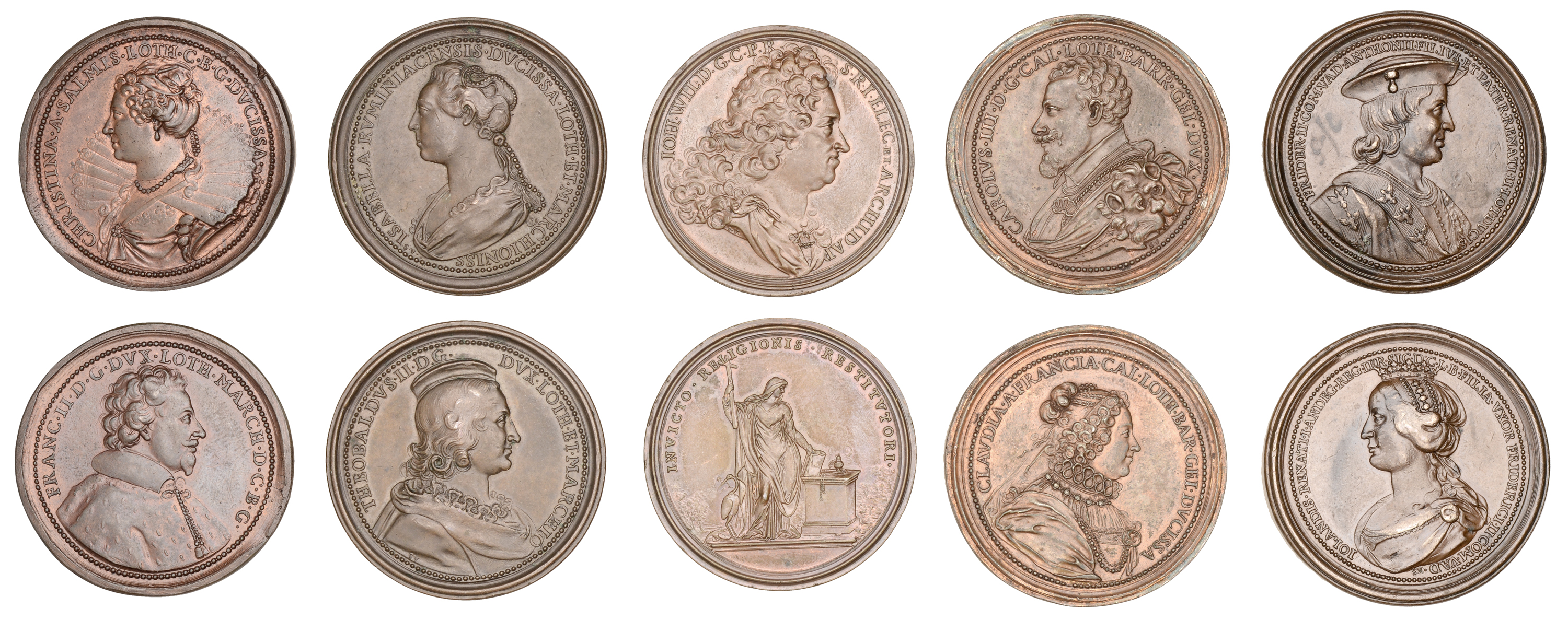 FRANCE, Lorraine, copper medals (5) by F. de Saint-Urbain: Theobald II, Frederick II, Charle...