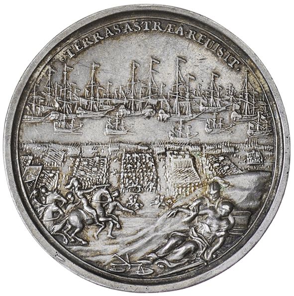 Landing of William III at Torbay, 1688, a cast silver medal by G. Bower, armoured and draped... - Image 2 of 2