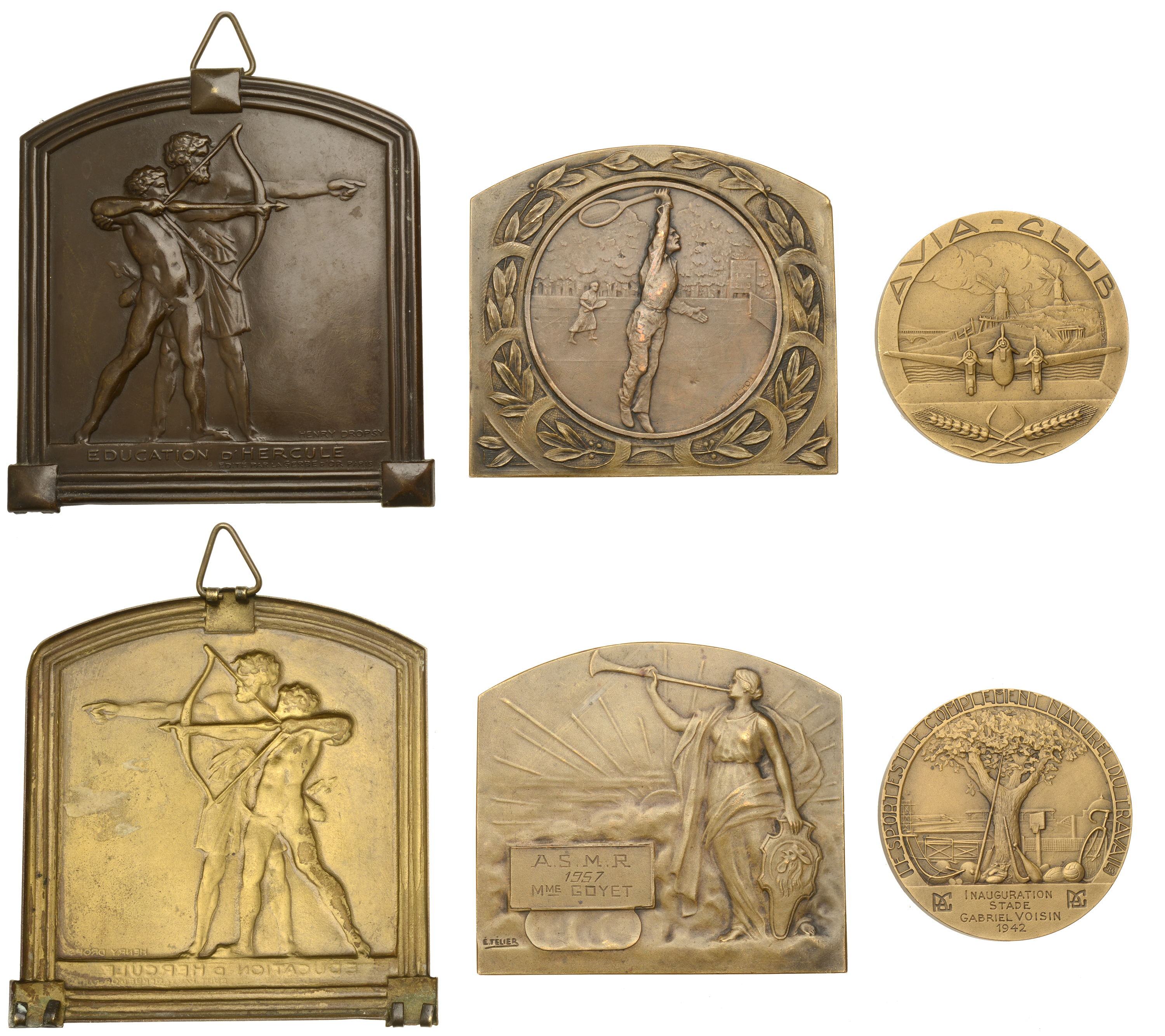 FRANCE, Tennis, c. 1920, a bronze award plaque by E. TÃ©lier, engraved (A.S.M.R. 1957, Mme Go...