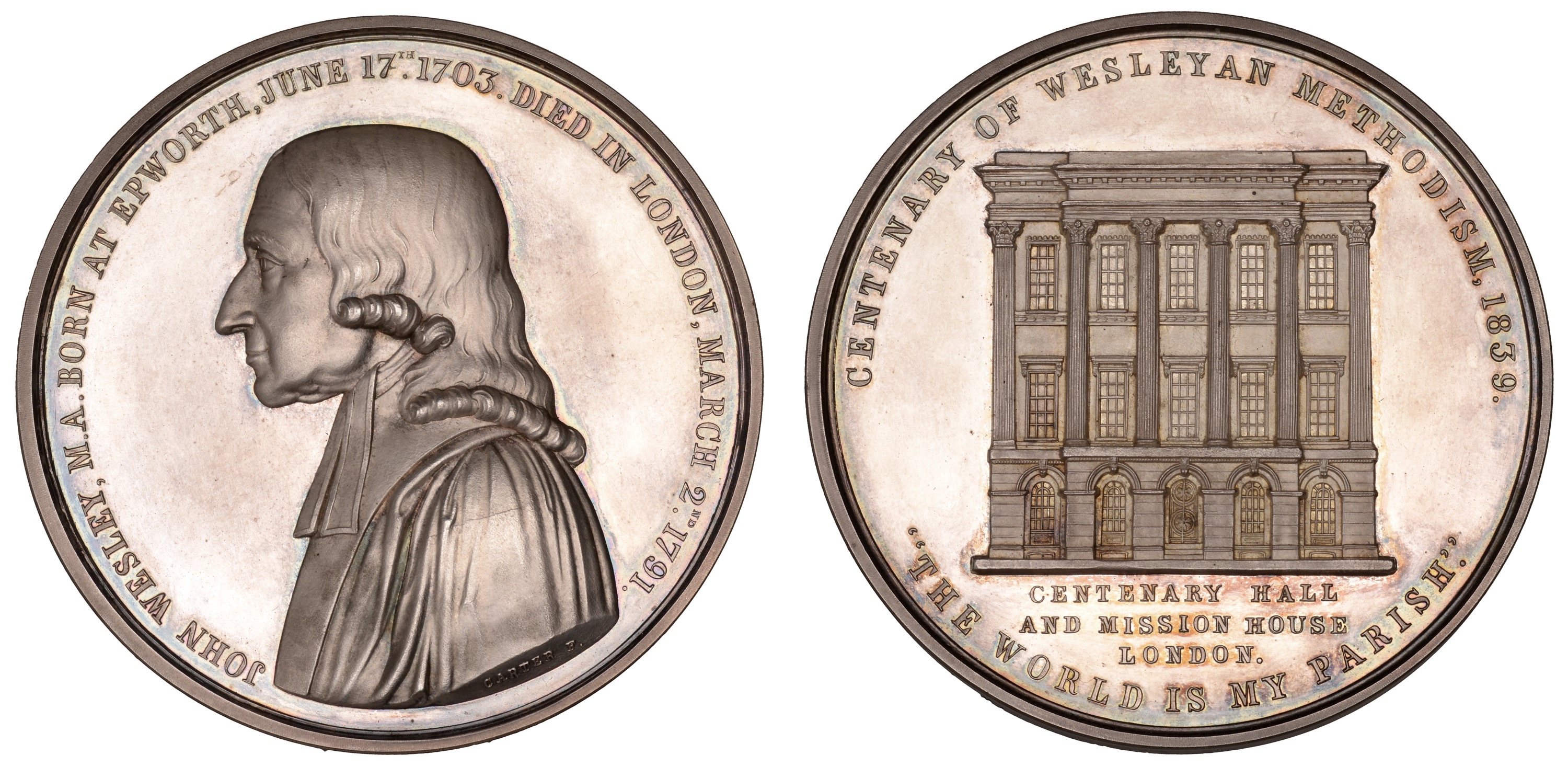 Centenary of the Foundation of the Wesleyan Methodist Society, 1839, a silver medal by C.F....