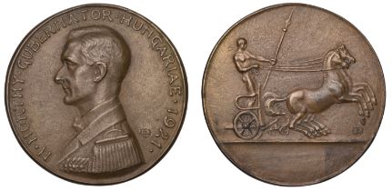 HUNGARY, Miklos Horthy, 1921, a cast bronze medal by E. Esseo, bust left, rev. nude male fig...
