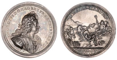 George I, Arrival in Britain, 1714, a silver medal by J. Croker, laureate, armoured and drap...