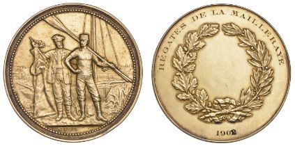 FRANCE, La Mailleraye Regatta, 1902, a gilt-silver medal by A. Desaide, sailor and oarsman s...