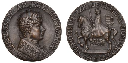 HUNGARY, Coronation of Charles IV, 1916, a cast bronze medal by E. Esseo, crowned bust right...