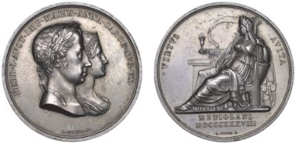 AUSTRIA, Coronation of Ferdinand I in Milan, 1838, a bronze medal by L. Cossa, conjoined bus...