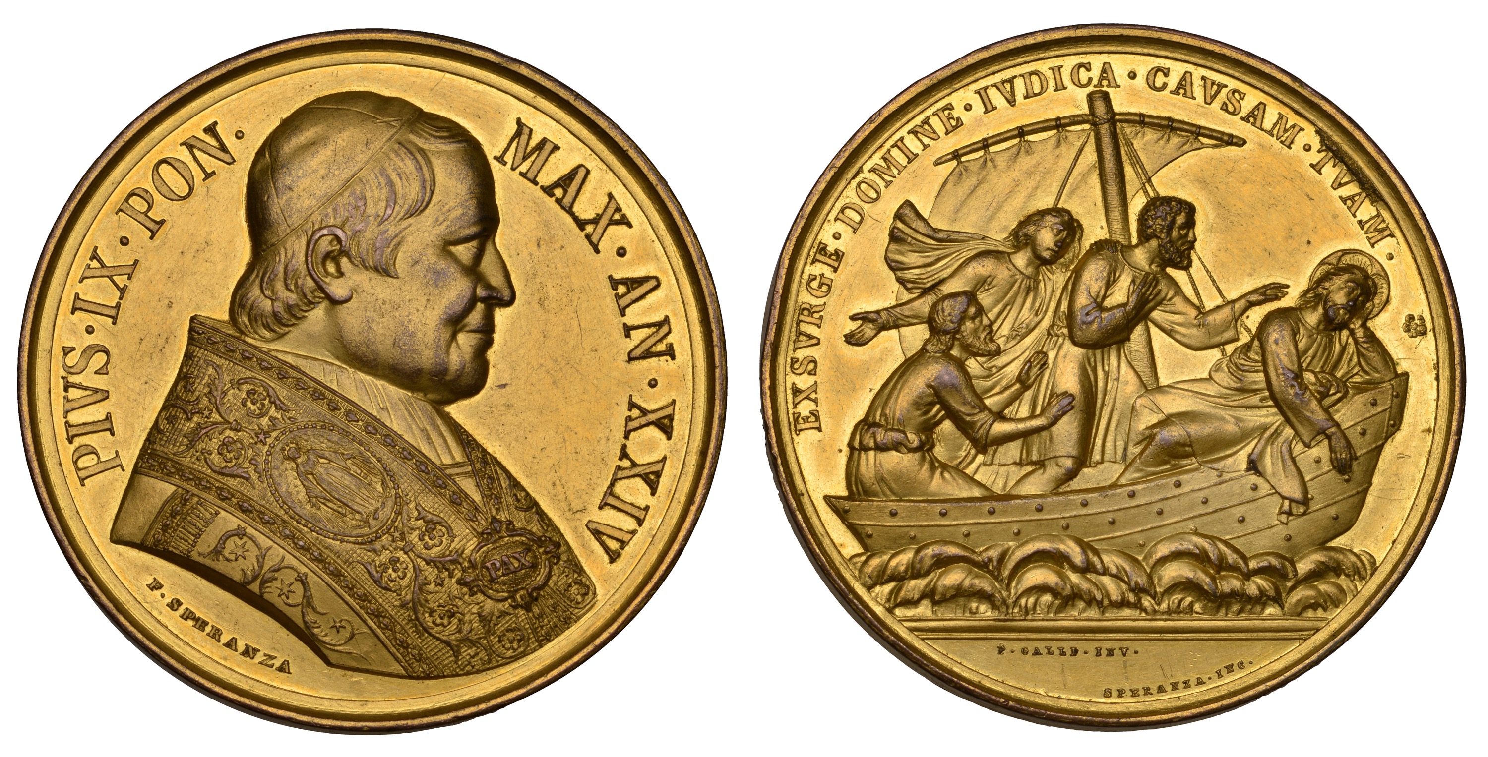PAPAL STATES, Defence of the Rights of the Church, 1869, a gilt-bronze medal by F. Speranza,...
