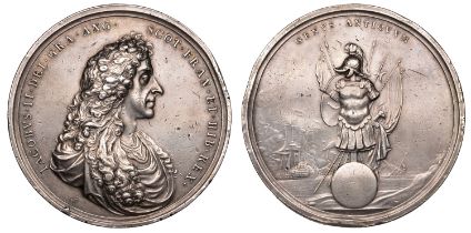 Military and Naval Reward, 1685, a silver medal by J. Roettiers, draped bust of James II rig...