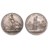 Jernegan's Lottery, 1736, a silver medal by J.S. Tanner, Minerva standing between trophies a...