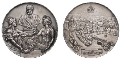 AUSTRIA, Franz Joseph I, Golden Jubilee, 1898, a silver medal by A. Scharff, bust of Franz J...