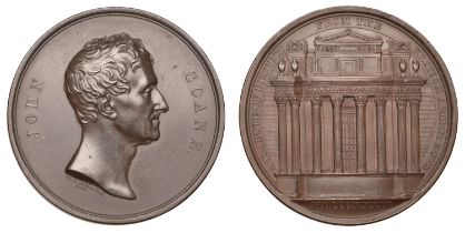 Sir John Soane, 1834, a bronze medal by W. Wyon, bare head right, rev. faÃ§ade of the Bank of...