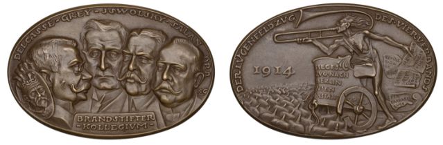 GERMANY, Campaign of Lies, 1914, an oval cast bronze medal by K. Goetz, heads of DelcassÃ©, G...