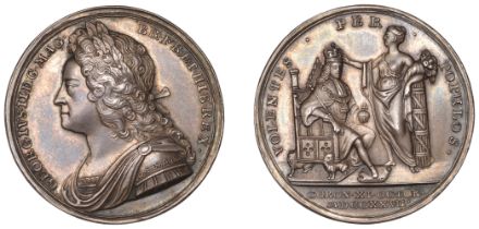 George II, Coronation, 1727, a silver medal by J. Croker, laureate bust left, rev. king, ent...