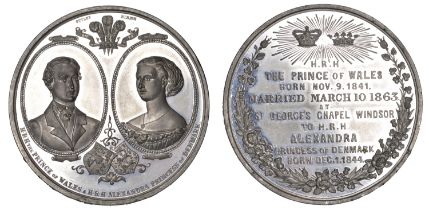 , Marriage of the Prince of Wales and Princess Alexandra, 1863, a white metal medal by T. Ot...