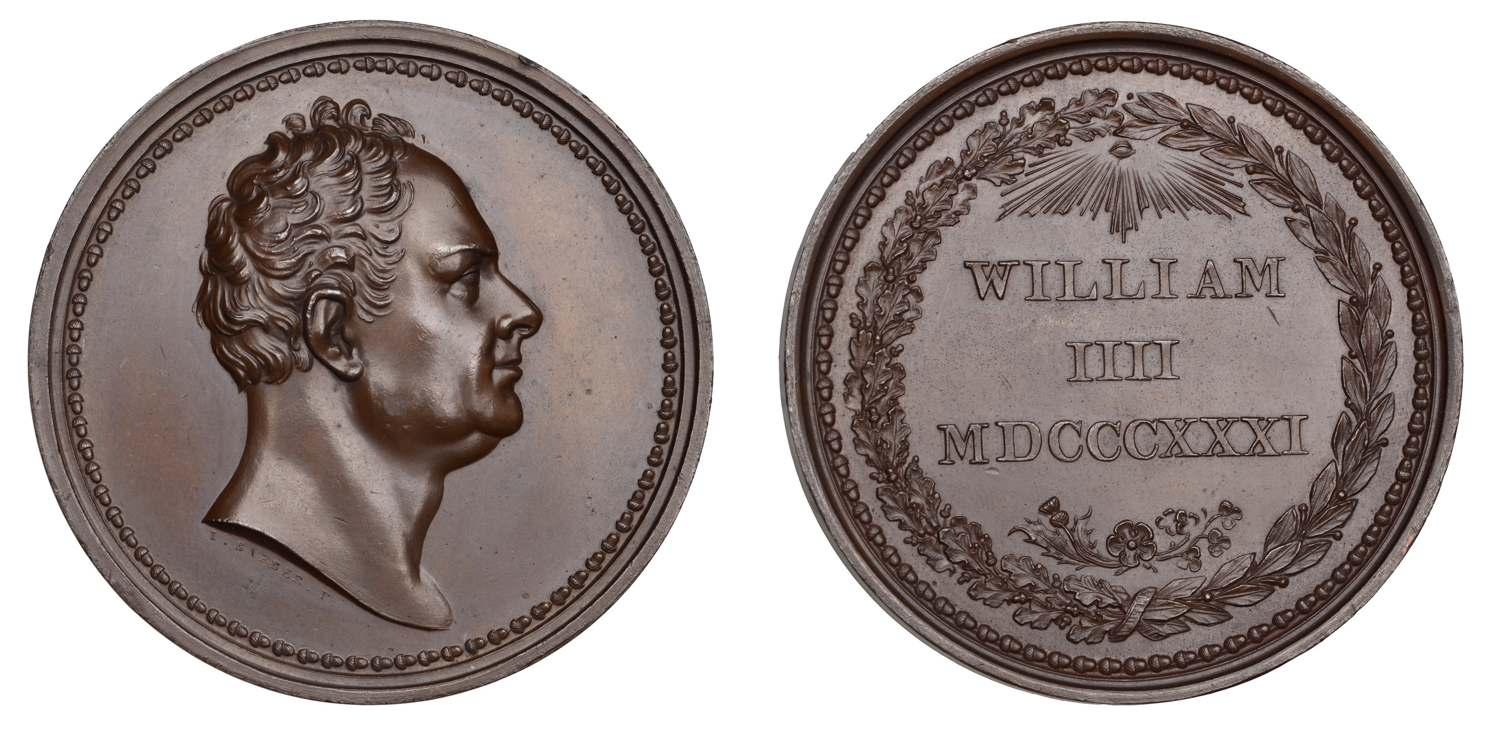William IV, Coronation, 1831, a bronze medal by J. Barber, bare head right, rev. william iii...