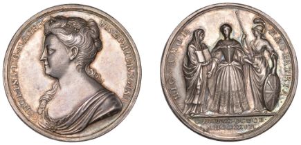 Queen Caroline, Coronation, 1727, a silver medal by J. Croker, bust left, rev. queen standin...