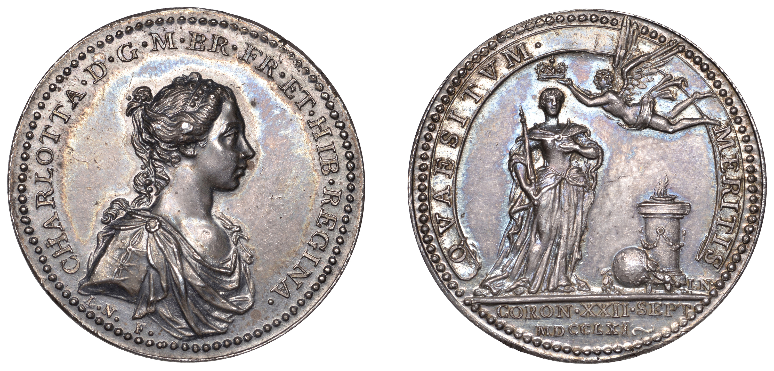 Queen Charlotte, Coronation, 1761, a silver medal by L. Natter, draped bust right, rev. Fame...