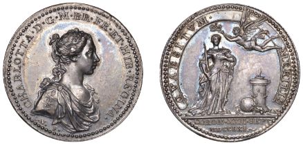 Queen Charlotte, Coronation, 1761, a silver medal by L. Natter, draped bust right, rev. Fame...