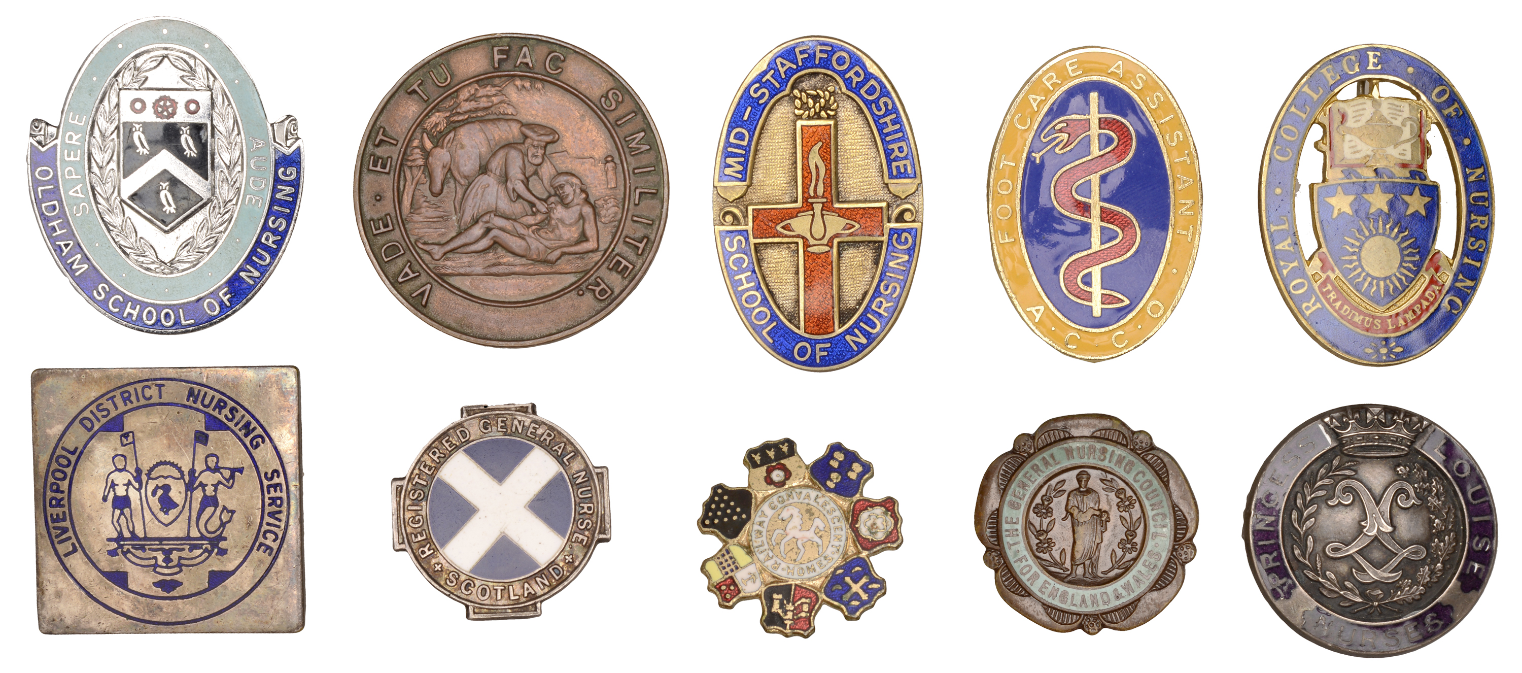 Assorted badges relating to Nursing, in silver (5), base metal (5), nine enamelled, four nam...