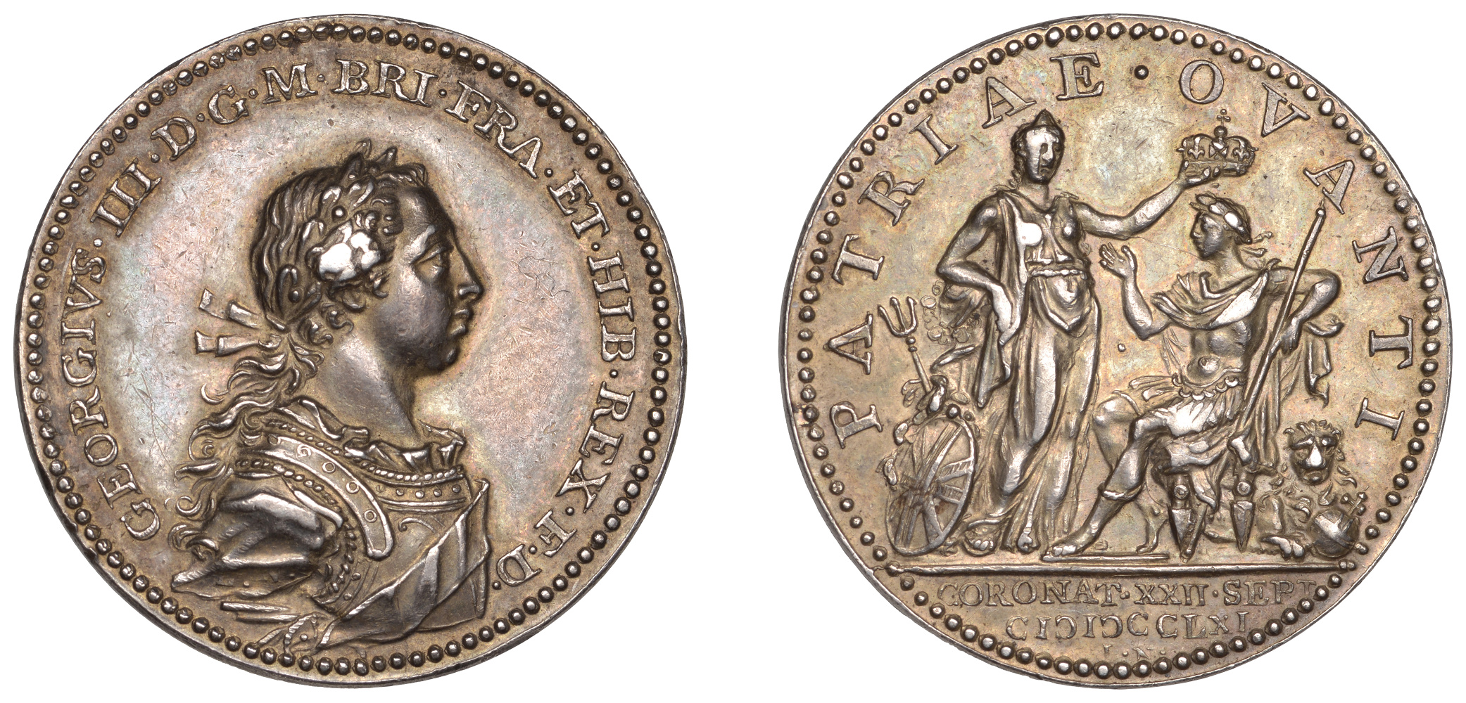 George III, Coronation, 1761, a silver medal by L. Natter, laureate bust right, rev. king, c...