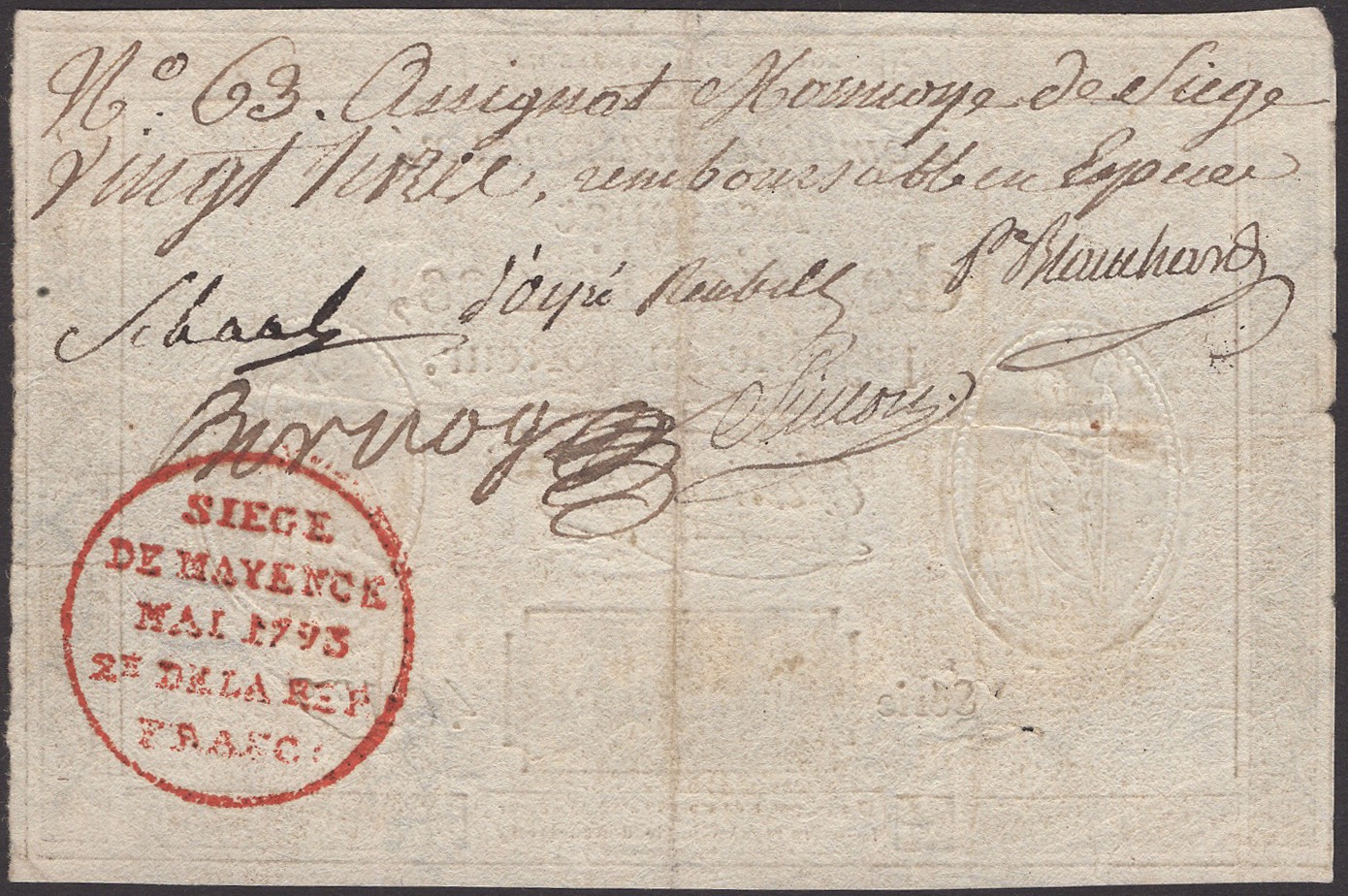 Siege of Mayence, 20 Livres, first issue, 1793, serial number 63, hand-written on the...