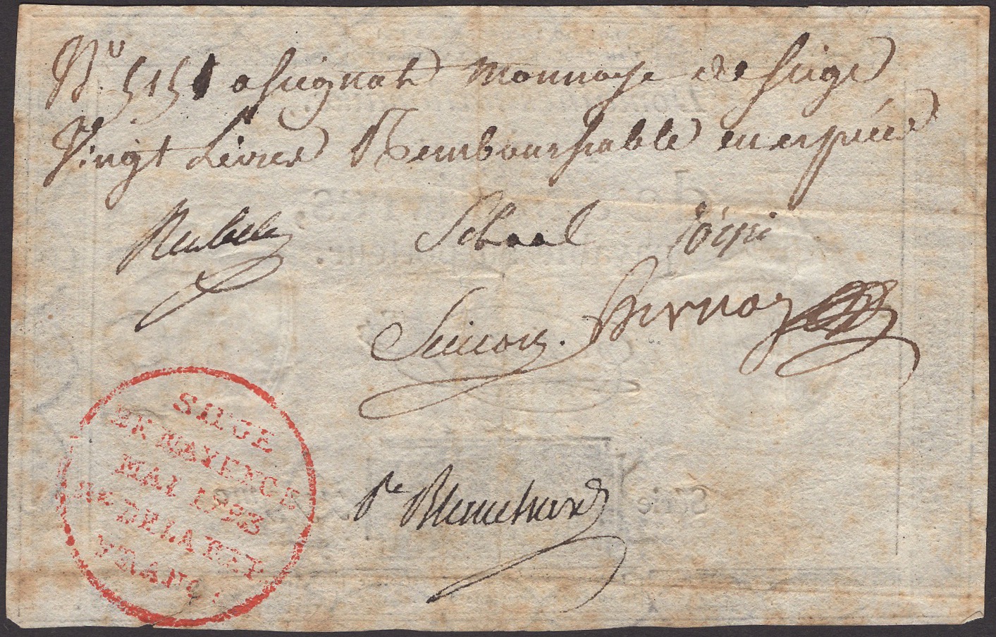 Siege of Mayence, 20 Livres, first issue, 1793, serial number 5151, hand-written on the...