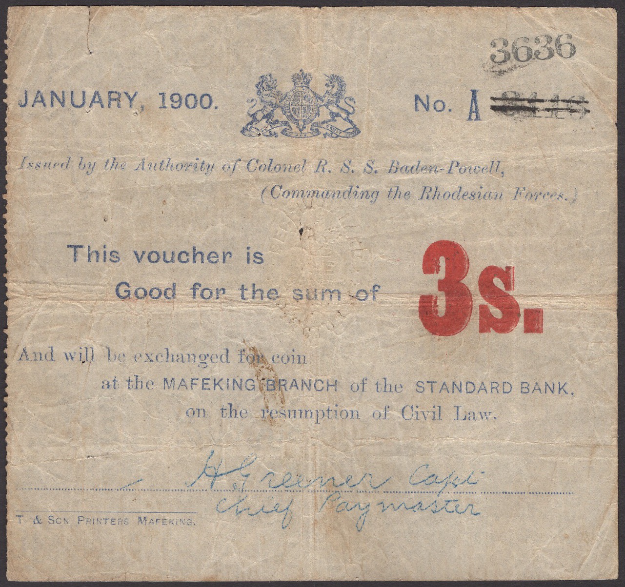 Siege of Mafeking, 3 Shillings, January 1900, serial number A3636, serial number struck...