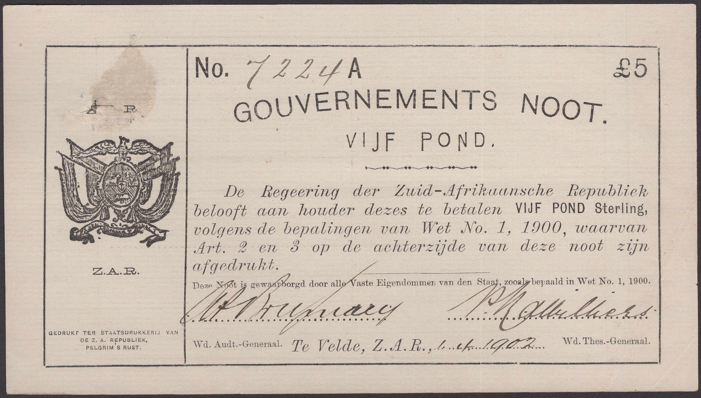 Gouvernements Noots, Â£5, Ta Velde, 1 April 1902, serial number 7224A, stain, plus the...