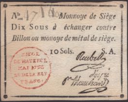 Siege of Mayence, 10 Sous, second issue, May 1793, serial number 47440, three printed...